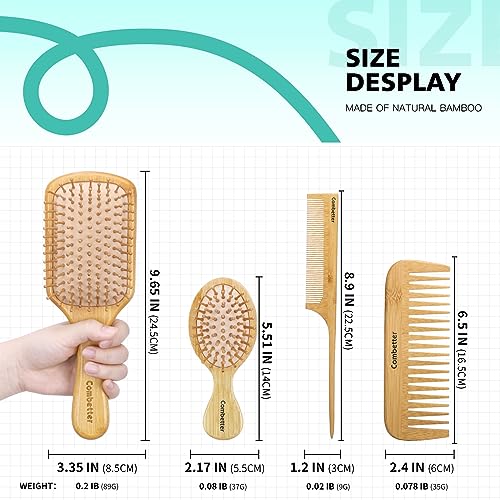 Combetter Natural Bamboo Hairbrush Set - Get Smooth, Shiny, and Healthy Hair with Reduces Frizz and Promotes Hair Growth, Eco-Friendly Wooden Hai