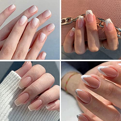 False Nails,Press On Nails,French False Nails,Fake Nails with White Nail Tips Stick On Nails,Short False Nails,Stick on Nails for Woman,French Ma