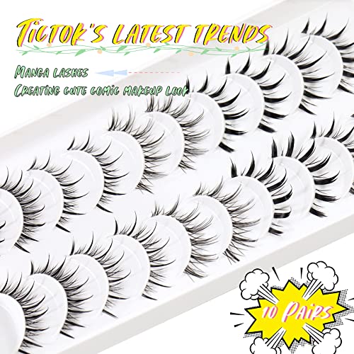 EMEDA 10 Pair Manga Lashes 5 Styles Mixed Anime Lashes 100% Handmade Transparent Band Manga Eyelashes Natural Look Spiky Manga Lashes Wispy Hybri