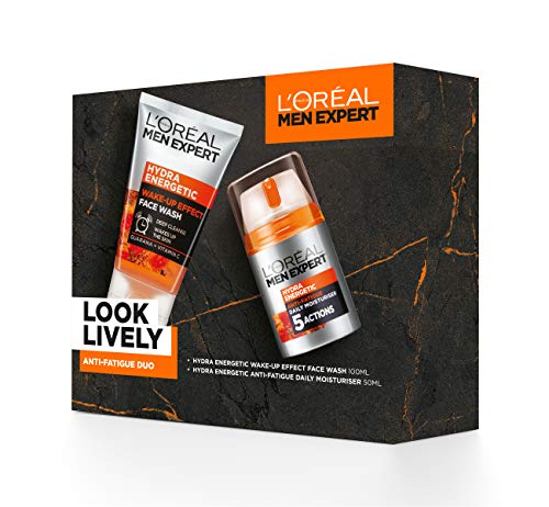 L'Oreal Paris Men Expert Gift Set for Men, Look Lively Anti-Fatigue Skin Duo: Hydra Energetic Face Wash and Moisturiser, 100ml
