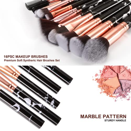 Makeup Brushes Set DUAIU 16PCS Vegan Synthetic Make up Brushes Foundation Eyeshadow Concealer Eyebrow Black Marble Brush Set With Makeup Brush Ho