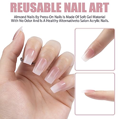 LADYING 24 Pcs Gel False Nails Short,Square Soft Gel Press on Nails French Pattern,Gradient White Fake Nails Short with Nail Glue, UV Finish Squo