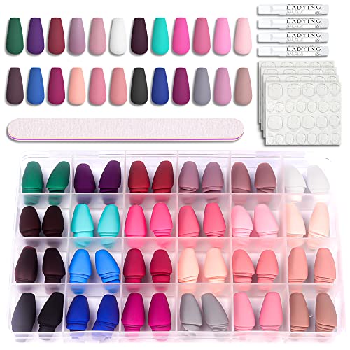 LADYING 24 Color (576 PCS) Matte Square Press on Nails Short,Colorful False Nails Short with Glue and Nail File,Reusable Stick on Nails with Tape
