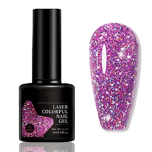 Glitter Gel Nail Polish - GLitter Holographic Gel Polish - Shiny Light Purple Nail Polish Soak Off UV Nail Gel Sparkly Spring Summer Gel Nail Art