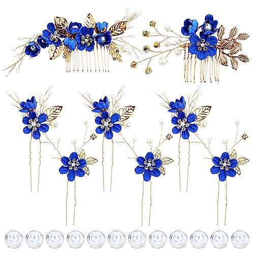 inSowni 20 Pack Classy Dusty Blue Flower Bridal Wedding Hair Side Combs+Floral Hair Pins+Twist Spiral Pearl Hair Pins Clips Pieces Formal Prom He