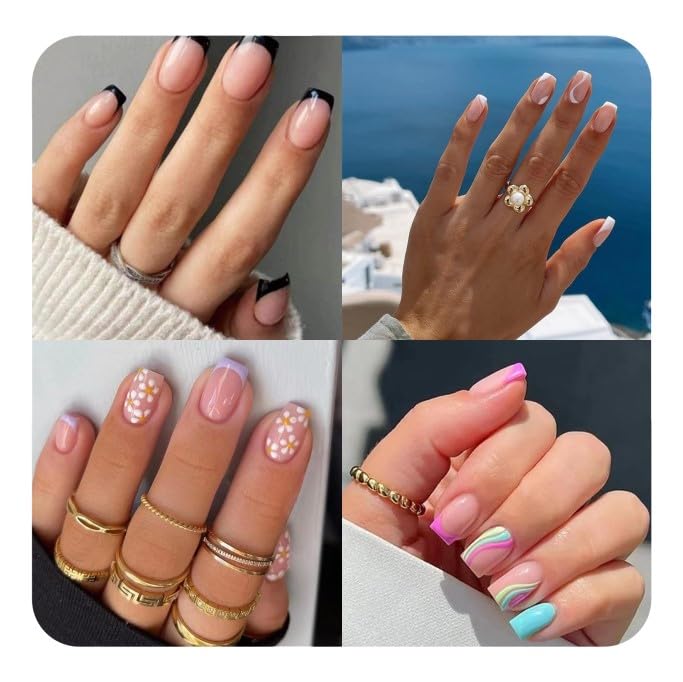 JUSTOTRY 4 Packs (96 Pcs) White and Black Square False Nails Short Pattern,Cheap and Durable French Press on Nails,Swirl Fake Nails Medium with N