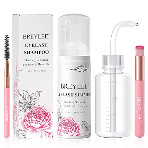Eyelash Extension Shampoo, BREYLEE Eyelash Extension Cleanser Eyelash Extension Foam with Rinse Bottle+Brushes for Makeup Remover for Salon and H