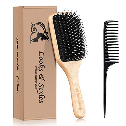Hair Brush, Sosoon Boar Bristle Paddle Hairbrush for Long Thick Curly Wavy Dry or Damaged Hair, Reducing Hair Breakage and Frizzy No More Tangle,