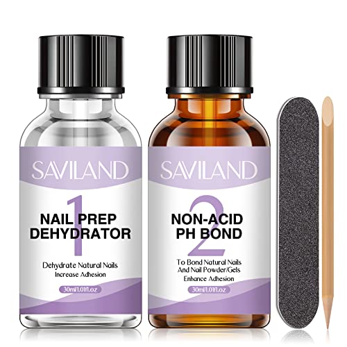 Saviland Nail Prep Dehydrate and Acid-free Primer, Fast Air Dry Long-Lasting Superior Bonding Nail Prep Set for Gel Nail Polish,Acrylic Powder et