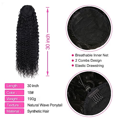 Drawstring Ponytail Extension, 30 inch Long Curly Ponytail Hair Extension Synthetic Hairpiece for Women(1B#, 30 inch)