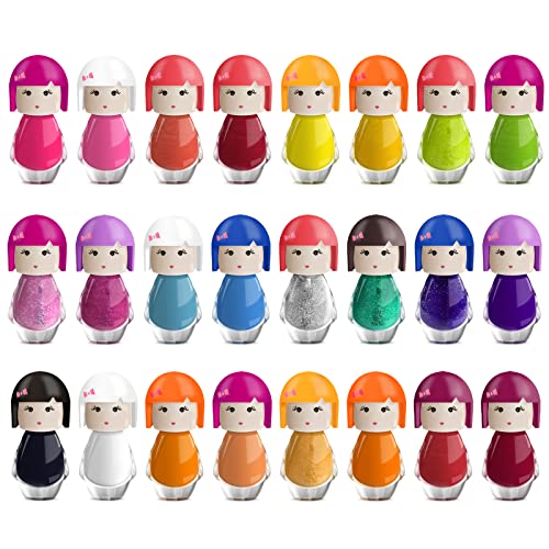 Dolly Nail Polish Set 24 Modern Colours Doll-Shaped Bottles Non-Toxic Strawberry Scented Water-based Peel-Off (Set B)