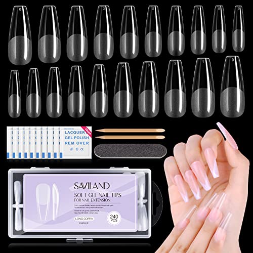 Saviland Soft Gel Full Cover Nail Tips - 240PCS Medium Almond nail tips Shape Gel x Nails Kits Fake False Nails Nails Tips No Need to File with N