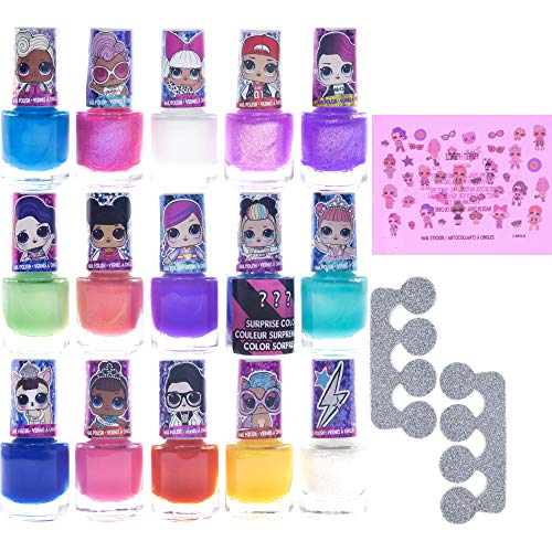 L.O.L Surprise! Townley Girl Non-Toxic Water Based Peel-Off Nail Polish Set for Girls, Glittery & Opaque Colors, with Toe Spacers and Nail Sticke