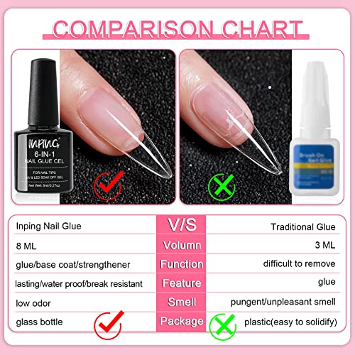 INPING Nail Glue, 6-In-1 Gel Nail Glue for Acrylic Nails Tips Extra Strong Nail False Nail Glue Artificial Bond Glue for Stick On Nails/Base Coat