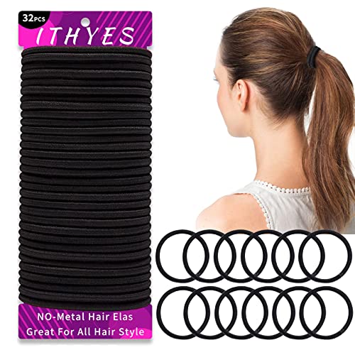 Ithyes 32Pcs Hair Bands for Women Thick Hair,4mm Elastic Hair Ties for Girl,Black Hair Band Ponytail Holders,Hair Bobbles for Girls Men,Rubber Ba