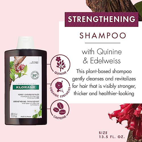 Klorane Strengthening Quinine and Organic Edelweiss Shampoo – Tired Hair, Hair Loss – Sulphate-Free, Vegan* Formula – 1x 400ml Bottle