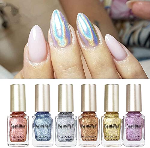 6Pcs Laser Nail Polish, Pretty Shiny Mirror Glitter Holographic Long Lasting Nail Polish (6ml*6) (6 Pcs)