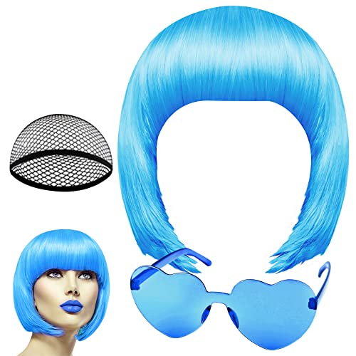 PLULON Peach Pink Bob Wig and Sunglass Set, Neon Short Bob Wig Sunglass Pack Costume Colorful Cosplay Wig Hairpieces for Bachelorette Neon Party