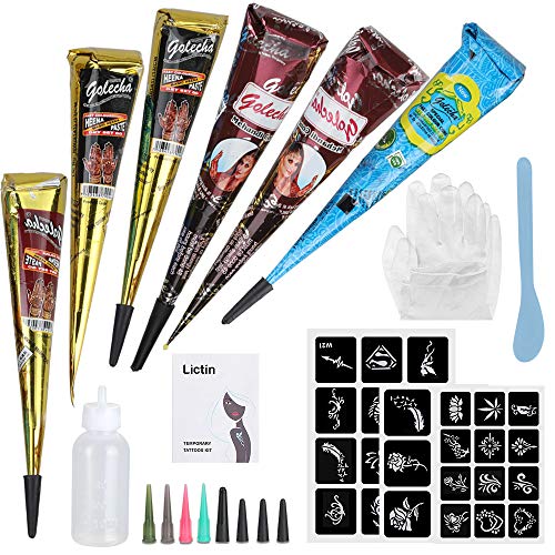 Lictin Temporary Tattoo Kit, Temporary Art Tattoos 6 PCS Temporary Tattoo Paste Cone with 4 Plastic Nozzles and 2 PCS Temporary Tattoos Stencils