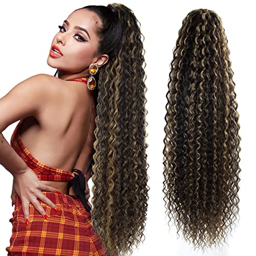 Drawstring Ponytail Extension, 30 inch Long Curly Ponytail Hair Extension Synthetic Hairpiece for Women(1B#, 30 inch)