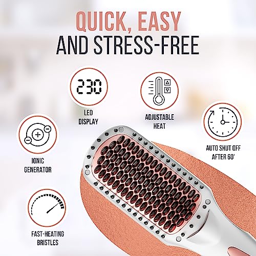 Ionic Hair Straightener Brush for Women, Fast Heating Ceramic & Anti-Scald Design, 80-230°C Adjustable Temperature - Hot Straightening Brush for