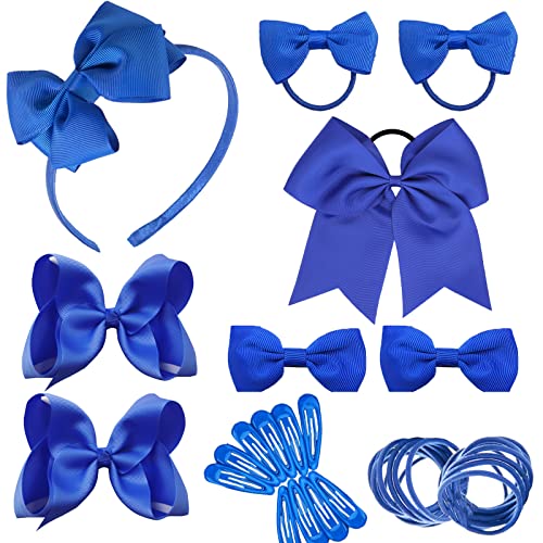 Carreuty 38PCS School Hair Accessories Kit Royal Blue Ribbon Style Bow Bobbles Hair Clips Bows Ribbon and Elastics Bands for School Girls Women G