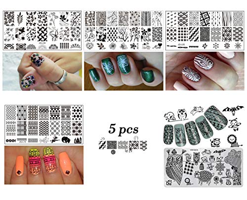 AIMEILI Nail Art Stamping Templates Manicure Tool Kit 5Pcs Nail Stamping Plates, 2 Stamper, 2 Scraper, 1 Latex Peel Off Tape