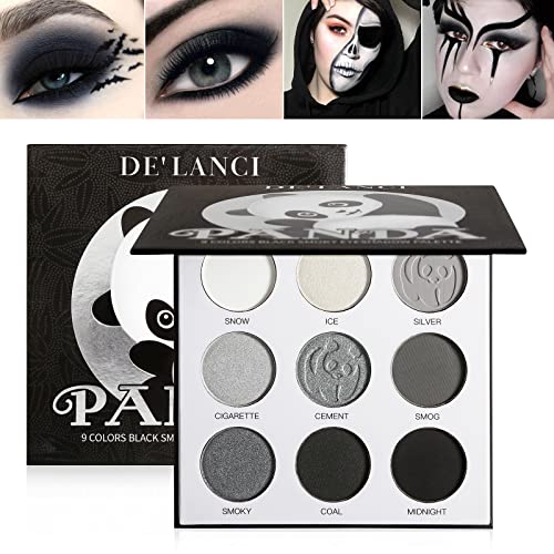 DE’LANCI PANDA Black Smokey Eyeshadow Palette Makeup,9 Colors Black Silver Gray White Eyeshadow Makeup Palette,Highly Pigmented Gothic Makeup Mat
