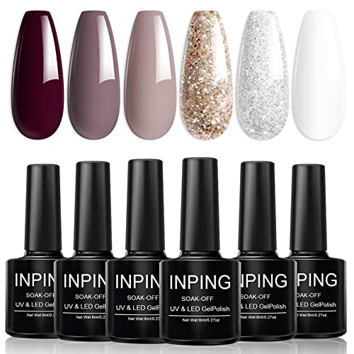 INPING Gel Nail Polish, 6 Colors Nude Gel Polish Bare Apricot Light Beige Natural Skin Dark Brown Popular Collection Soak Off UV/LED Lamp Manicur