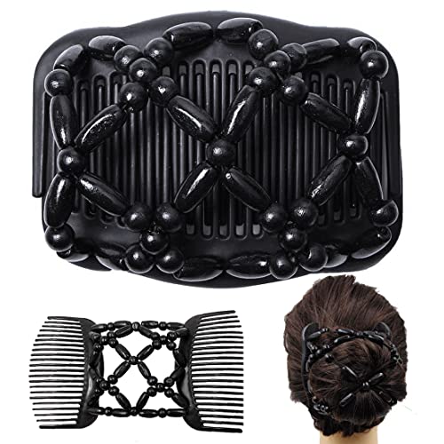 Beads Hair Combs Magic Elastic Hair Double Clips Magic Hair Comb Double Row Wooden Bead Hair Comb Stretchy Hair Comb Clip Hair Accessories for Gi