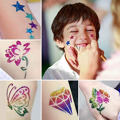 Glitter Tattoos Kit,Temporary Tattoo Set-24 Colors Glitter,135 Unique Stencil Body Nail Glitter Art Paint Birthday Party Gift for Girls Kids Teen