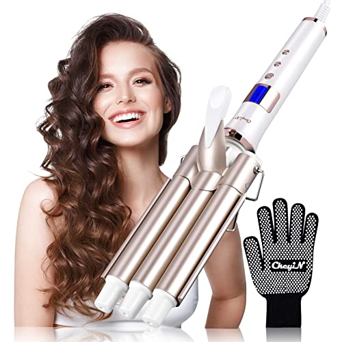 CkeyiN 3 Barrel Hair Waver, Curling Iron with LCD 16 Temperature Control Displays, Professional Ceramic Tourmaline Curling Wand, 22mm Hair Crimpe