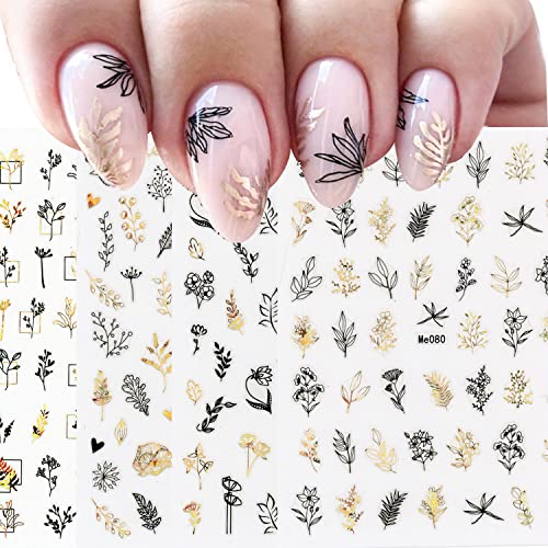 9 Sheets Black Gold Leaves Nail Art Stickers Decals Self-Adhesive Grass Leaves Butterfly Dragonfly Insect Design Manicure Tips Nail Decoration fo