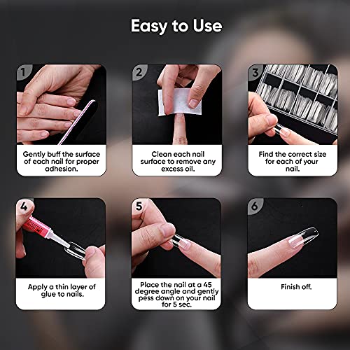 Husnshud False Nails - Set of 100 Full Cover Length Clear Nail Tips - Ballerina Fake Nails with File