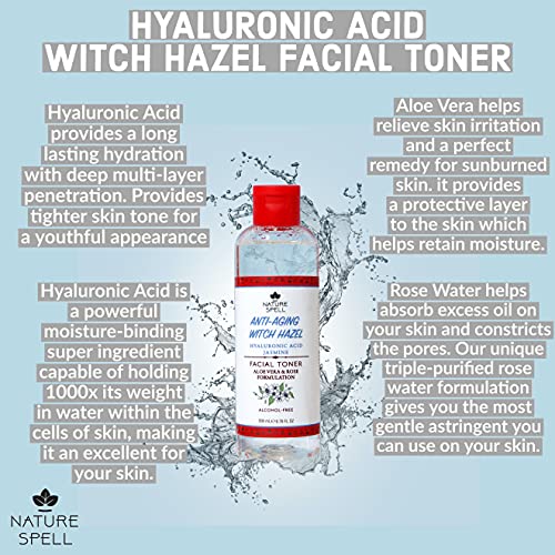 Nature Spell Witch Hazel Facial Toner with Hyaluronic Acid, Aloe Vera & Rose Water 200 Ml - Anti Aging Facial Toner - Alcohol Free Formulation -