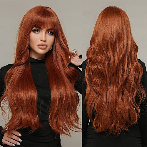 iShine Burgundy Red Wigs for Women Long Wavy Wine Red Wigs with Fringe Synthetic Wig Heat Resistant Natural Hair for Daily Party Cosplay Use Gift