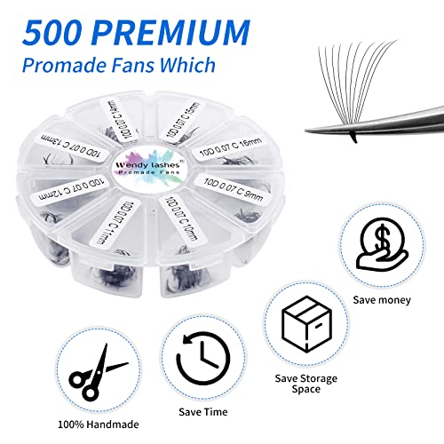 Pre Made Fan Volume Eyelash Extensions 10D 0.07mm D Curl 500 Fans 9-16mm Mixed Tray Premade Fans Loose Volume Lash Extensions Handmade Promade Lo