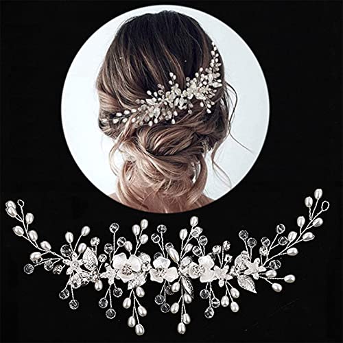Bride Hair Accessories Wedding Hair Vines, Crystal Headpieces Flower Headband Bridal Hair Pieces, Pearl Hair Accessories for Women and Girls Hair