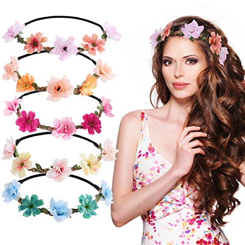 Sibba 5PCS Daisy Flower Headband Floral Garland Crown Hair Wreath Boho Girl Women Fairy Headpiece Soft Hair Bands Fashion for Bridal Wedding Fest