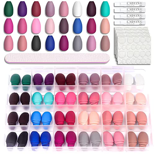 LADYING 24 Color (576 PCS) Matte Square Press on Nails Short,Colorful False Nails Short with Glue and Nail File,Reusable Stick on Nails with Tape