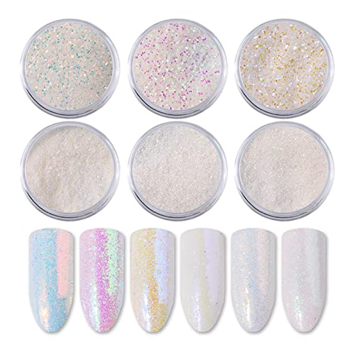 Nail Glitter Powder, 6 Color Chrome Nail Powder Aurora Pearl White Nail Powder Holographic Mermaid Mirror Effect Glitter Sequins for Nail Art Dec
