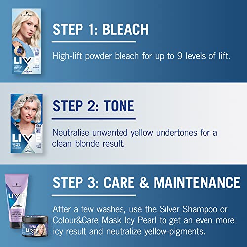 Schwarzkopf Live Post Bleach Toner Ice White Hair Toner, Lasts Up To 16 Washes, Semi-Permanent Blonde Hair Dye, For Brassy Yellow Tones, T1