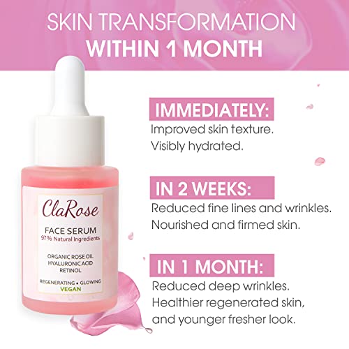 ClaRose Hyaluronic acid Anti-ageing Face Serum with 97% Natural ingredients made with Organic 100% Natural Rose oil and Retinol, 30ml