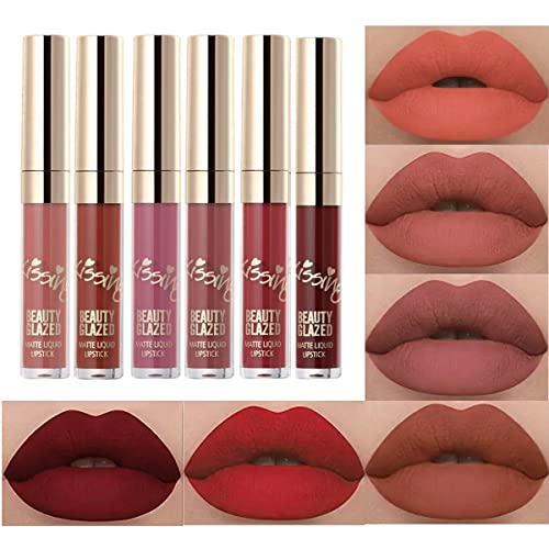 Beauty Glazed NEW Matte Liquid Lipstick Set Light to Deep Red Colors Waterproof Long Lasting Non-Stick Cup Lip Gloss Intense pigments, Cruelty Fr