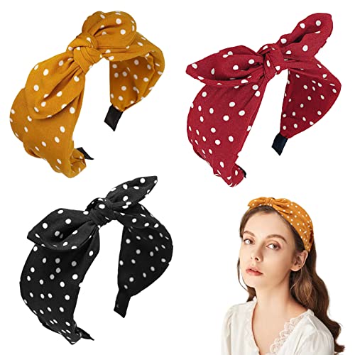 Polka Dot Headband,2Pcs Bow Tie Knotted Hair Bands,Wide Band Cloth Hair Hoop Bunny Ear Headwrap Hair Accessories for Women Girls (Black Red Polka
