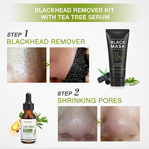 Blackhead Peel Off Face Mask, SHVYOG 3-in-1 Blackhead Remover Charcoal Mask with Brush & Tea Tree Serum, Purifying Deep Cleansing Black Mask for