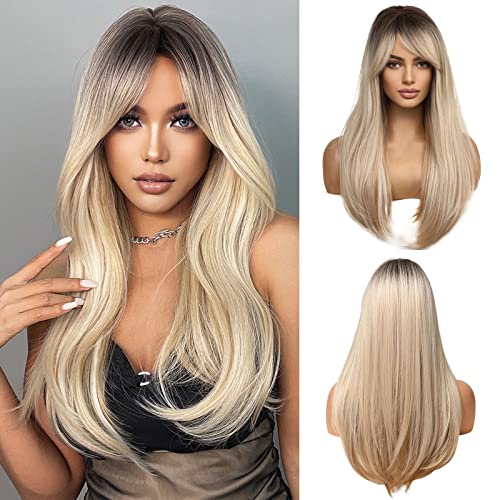 Esmee 24 Inches Long Straight Blonde Wig with Bangs Side Parting Natural Synthetic Hair Ombre Wigs for Women with Dark Roots for Daily Party Cosp
