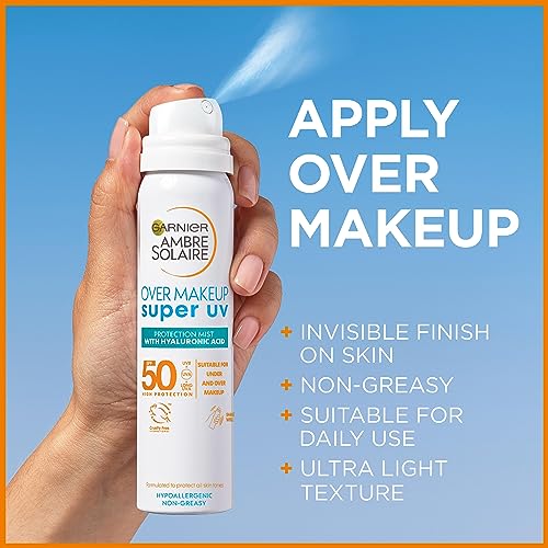Garnier Ambre Solaire Sun Protection Over Makeup, Non-Greasy + Lightweight, With Hyaluronic Acid, Protection Mist SPF50, Super UV, 75ml