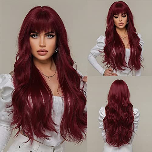 iShine Burgundy Red Wigs for Women Long Wavy Wine Red Wigs with Fringe Synthetic Wig Heat Resistant Natural Hair for Daily Party Cosplay Use Gift