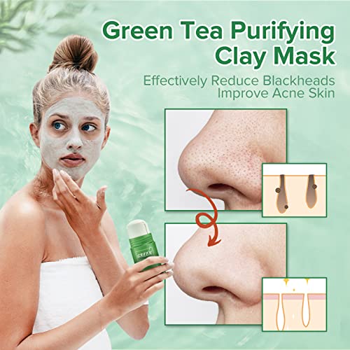 Green Tea Cleansing Mask Stick,2 Pack Blackhead Remover Mask Stick,Purifying Clay Stick,Anti-Acne Oil Control & Clean Pores for All Skin Types Wo